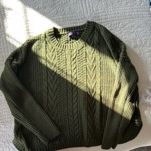 Hunter green sweater. Love the color, but was too big for me. Oversized medium.